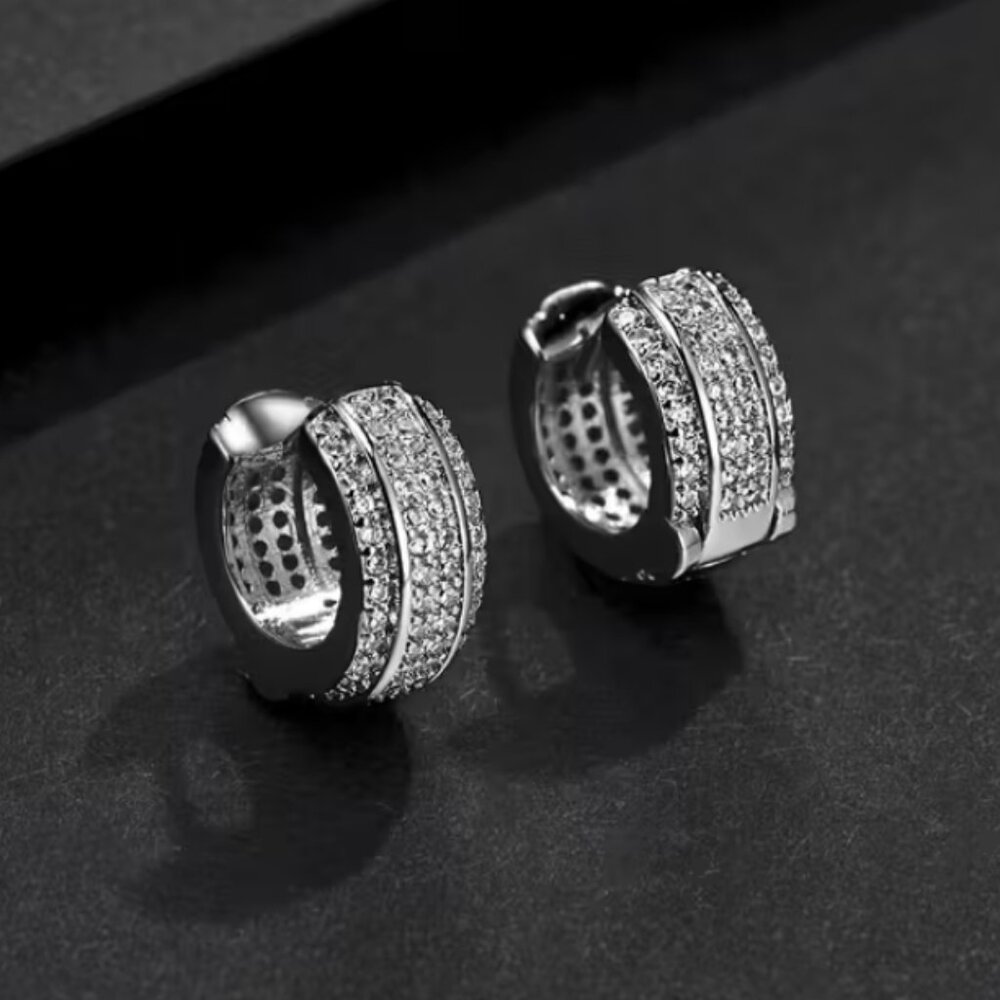 18K White Gold Mens 2ct Diamond Small Hoop Earrings Guys 18 Karat Silver Jewelry